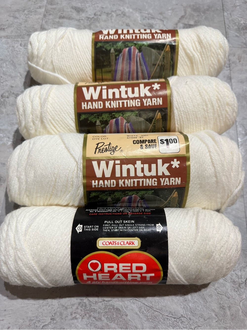 See Vintage White Yarn Mixed Lot (4 Skeins) Prestige Wintuk & Coats & Clark Red